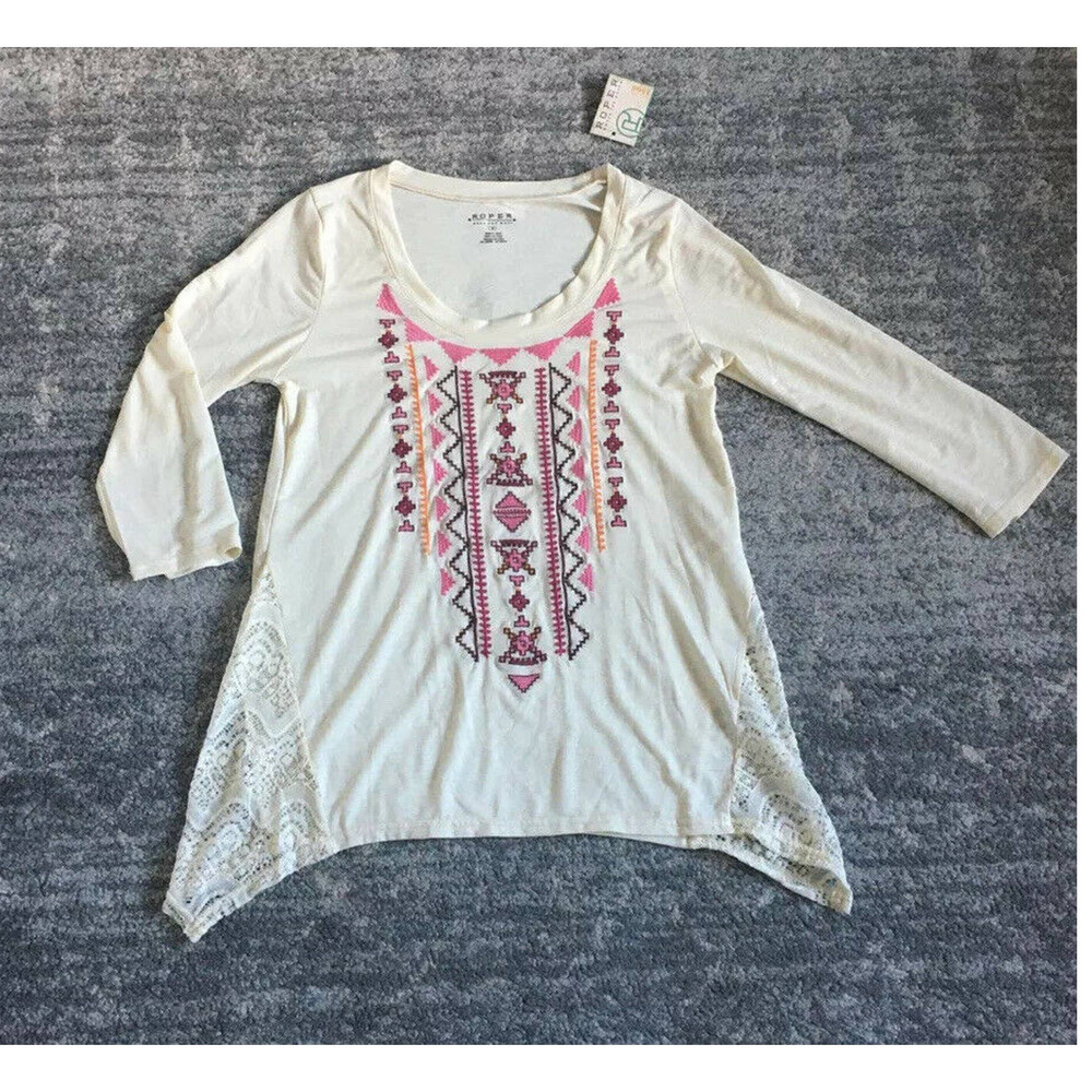 Roper Top S Cream Embroidery 3/4 Sleeve Blouse